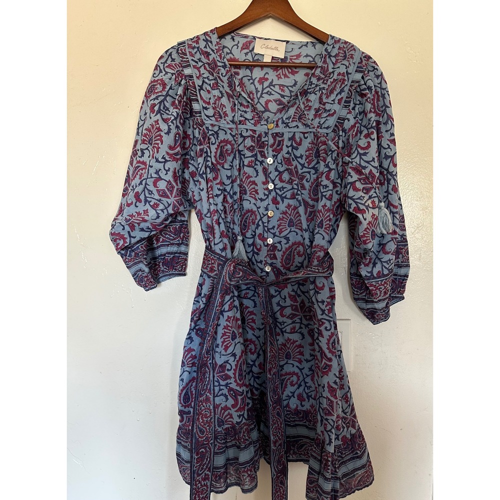 Cleobella Organic Cotton Paisley Mini Dress - Size M - Blue/Burgundy Woodblock